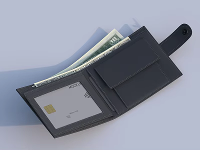 Open Black Leather Wallet With VISA Card US Dollars And Card Slots 3d model