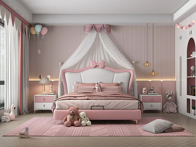 Pink Kids Room Interior Design With Bow Canopy Bed Balloons Stuffed Toys And Striped Rug 3d model