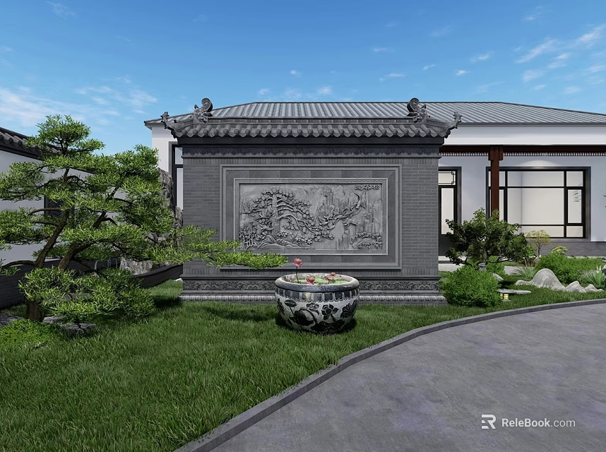 Traditional Chinese Scenic Wall With Detailed Carving And Stone Basin By Pine Tree 3d model 