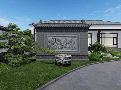 Traditional Chinese Scenic Wall With Detailed Carving And Stone Basin By Pine Tree 3d model