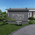 Traditional Chinese Scenic Wall With Detailed Carving And Stone Basin By Pine Tree