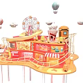 Fairy Tale Amusement Park Scene With Ferris Wheel Hot Air Balloons And Pink Buildings