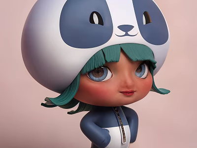 Cute Cartoon Style Sculpture Carving With Panda Head Green Hair And Blue Eyes 3d model
