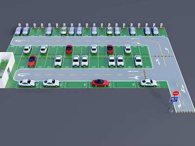 Organized Parking Lot With Multiple Cars In Marked Spaces Directional Arrows And Signs 3d model