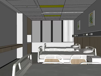 Spacious Hospital Room Interior With Medical Beds Windows And Wall Decor 3d model