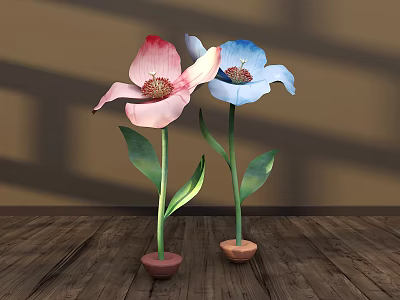 Floral Decoration With Two Large Pink White Blue Flowers Green Stems Leaves In Brown Pots 3d model