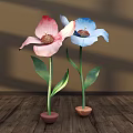 Floral Decoration With Two Large Pink White Blue Flowers Green Stems Leaves In Brown Pots