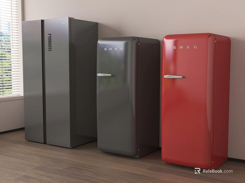 Stylish Retro Refrigerators in Three Colors Gray Dark Gray and Red for Home Interior 3d model 