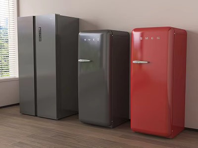 Stylish Retro Refrigerators in Three Colors Gray Dark Gray and Red for Home Interior 3d model