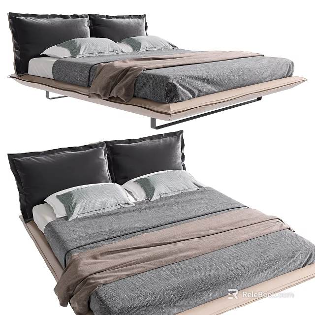 Modern Double Bed Design With Sleek Frame Gray Linen Sheets Beige Throw And Black Pillows 3d model