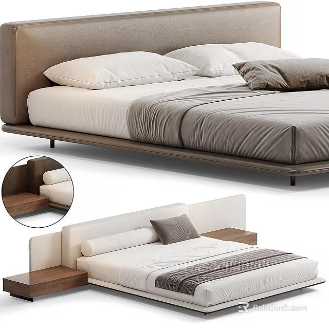 Modern Double Bed With Upholstered Headboard Wooden Frame White And Gray Bedding 3d model 