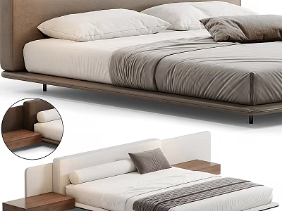 Modern Double Bed With Upholstered Headboard Wooden Frame White And Gray Bedding 3d model