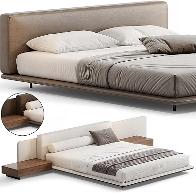 Modern Double Bed With Upholstered Headboard Wooden Frame White And Gray Bedding 3d model