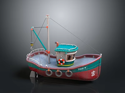 Green And Red Water Transport Boat With Lifebuoy Crane Deck Tires Marked 708 3d model