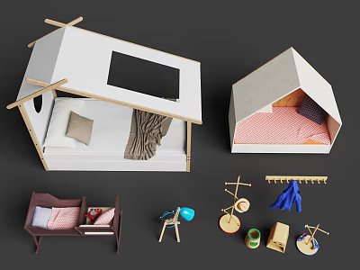 Creative House Shaped Kids Bed With Soft Bedding Small Furniture And Toys 3d model