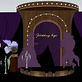 Elegant Wedding Stage with Purple Curtains Wooden Arch Lights Silhouette Figures and Gold Edges
