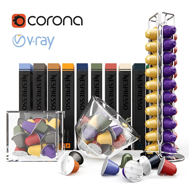 Nespresso Coffee Capsules In Variety Colors And Storage Containers 3d model 