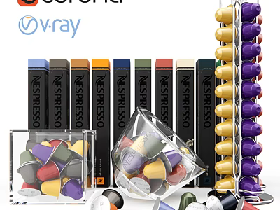 Nespresso Coffee Capsules In Variety Colors And Storage Containers 3d model