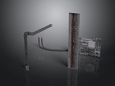 3D Rendering Of Industrial Mechanical Equipment With Curved Arm Vertical Structure And Components 3d model