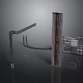 3D Rendering Of Industrial Mechanical Equipment With Curved Arm Vertical Structure And Components