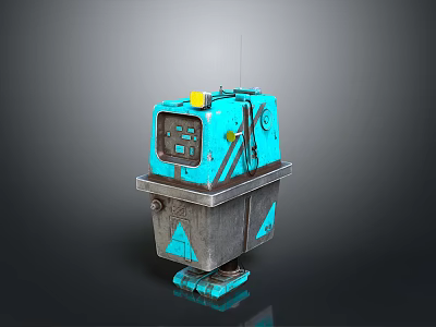 Turquoise Robot Character With Metallic Body Control Panel Antenna And Yellow Button Details 3d model