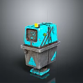 Turquoise Robot Character With Metallic Body Control Panel Antenna And Yellow Button Details