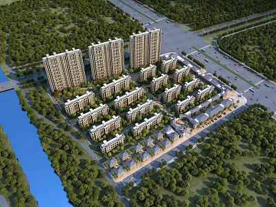 Aerial View Planning of Residential Complex With Tall Buildings Low Rise Structures Greenery and River 3d model