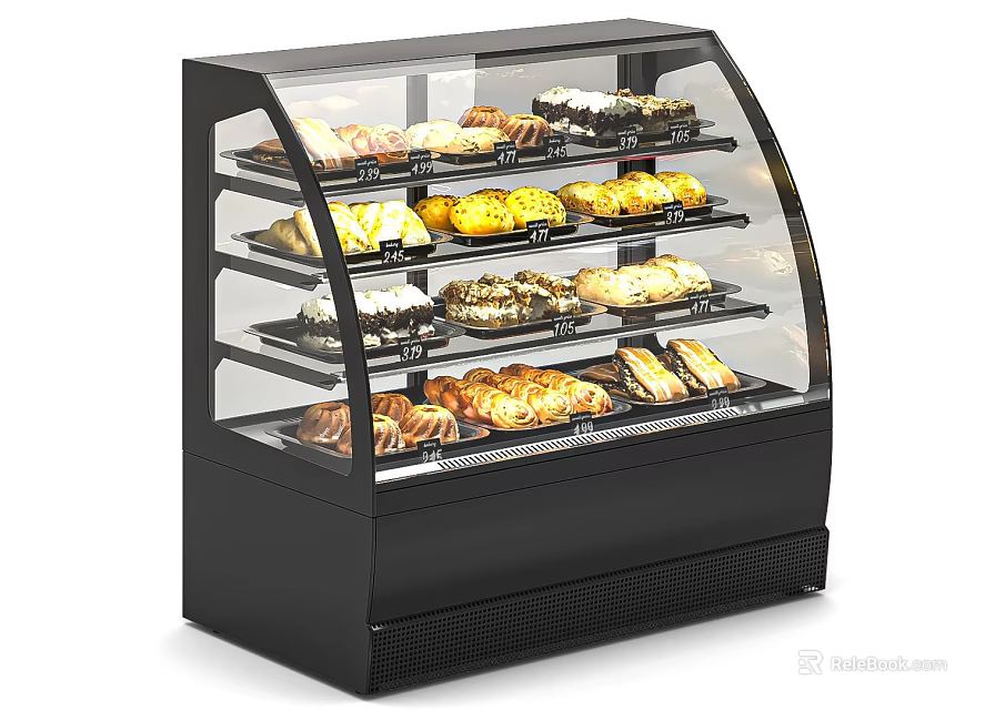 Black Commercial Display Case With Curved Glass Door Multiple Shelves For Pastries And Bread 3d model 