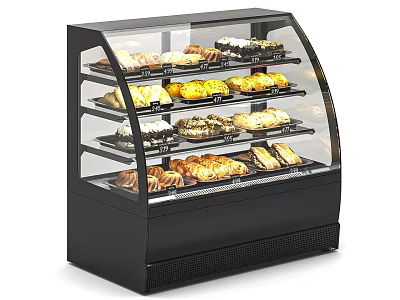 Black Commercial Display Case With Curved Glass Door Multiple Shelves For Pastries And Bread 3d model