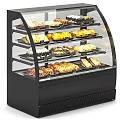 Black Commercial Display Case With Curved Glass Door Multiple Shelves For Pastries And Bread