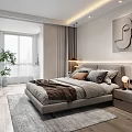 Modern Bedroom Interior With Gray Bedding Multiple Pillows Brown Blanket Nightstand Table Lamp And Rug
