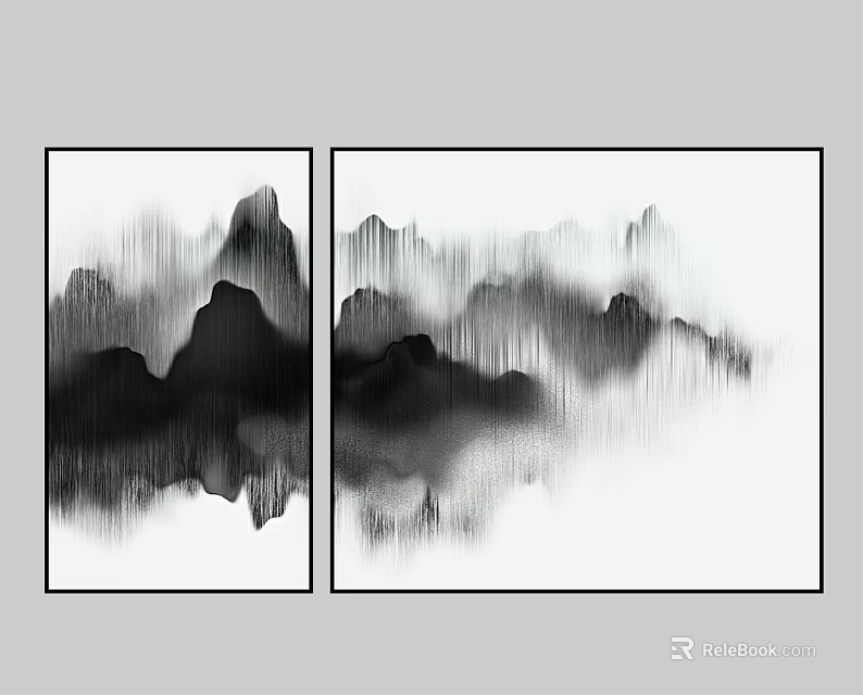 Two Panel Abstract Black And White Ink Paintings With Misty Mountain Landscapes 3d model 