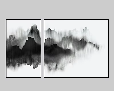 Two Panel Abstract Black And White Ink Paintings With Misty Mountain Landscapes 3d model