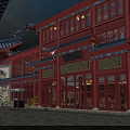 Ancient Chinese Architecture with Red Wooden Structure Traditional Roof and Courtyard Lanterns