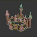 Wooden Castle Model With Multiple Spires And Arched Structures Light Brown On Dark Reflective Background