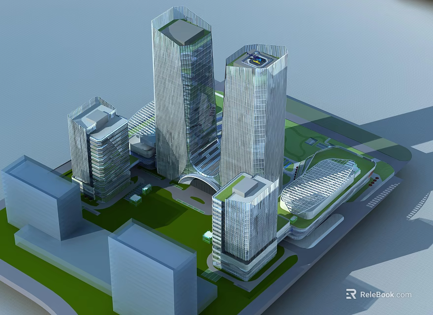Modern High Rise Office Building Complex With Green Landscaped Area And Architectural Design 3d model 