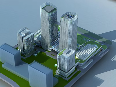 Modern High Rise Office Building Complex With Green Landscaped Area And Architectural Design 3d model