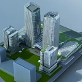 Modern High Rise Office Building Complex With Green Landscaped Area And Architectural Design