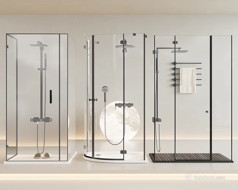 Stylish Shower Head With Modern Glass Enclosure And Different Design Styles 3d model 