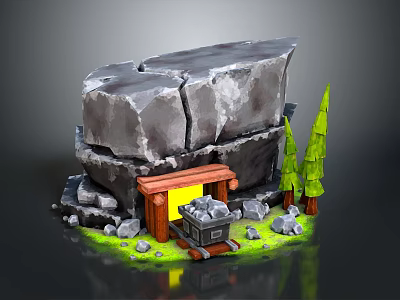 Rock Campfire Scene With Wooden Cart Green Trees Stone Piles Grass And Glowing Fire 3d model