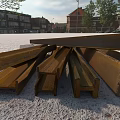 Old Rusted Brown Metal Strips Stacked On Rough Concrete Background Surface