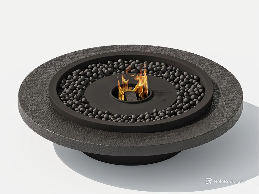 Modern Round Fireplace Design With Burning Flames And Black Pebbles 3d model 