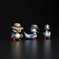 Three Cute Silver Duck Figurines Wearing Hats Standing on Black Background