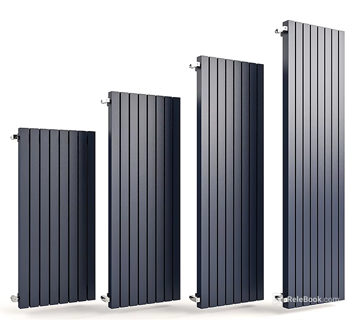Stylish Modern Vertical Striped Dark Radiators In Different Sizes For Home Heating 3d model 