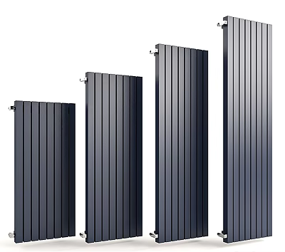 Stylish Modern Vertical Striped Dark Radiators In Different Sizes For Home Heating 3d model
