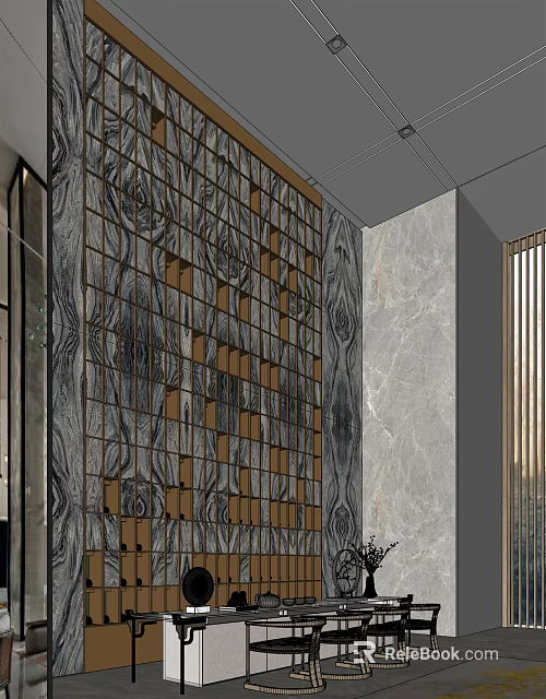 Hotel Lobby Interior With Patterned Marble Wall And Wooden Decorative Blocks 3d model