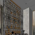Hotel Lobby Interior With Patterned Marble Wall And Wooden Decorative Blocks 3d model