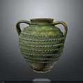 Handcrafted Green Clay Vase With Two Handles And Ribbed Surface Design