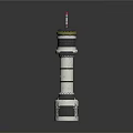 Detailed Tower Model With Multi Level Structure Black White Design And Red Top