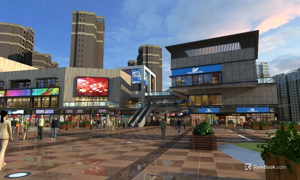 Modern Commercial Street Plaza with High Rise Buildings Large Screens Escalators Pedestrians and Green Plants 3d model 